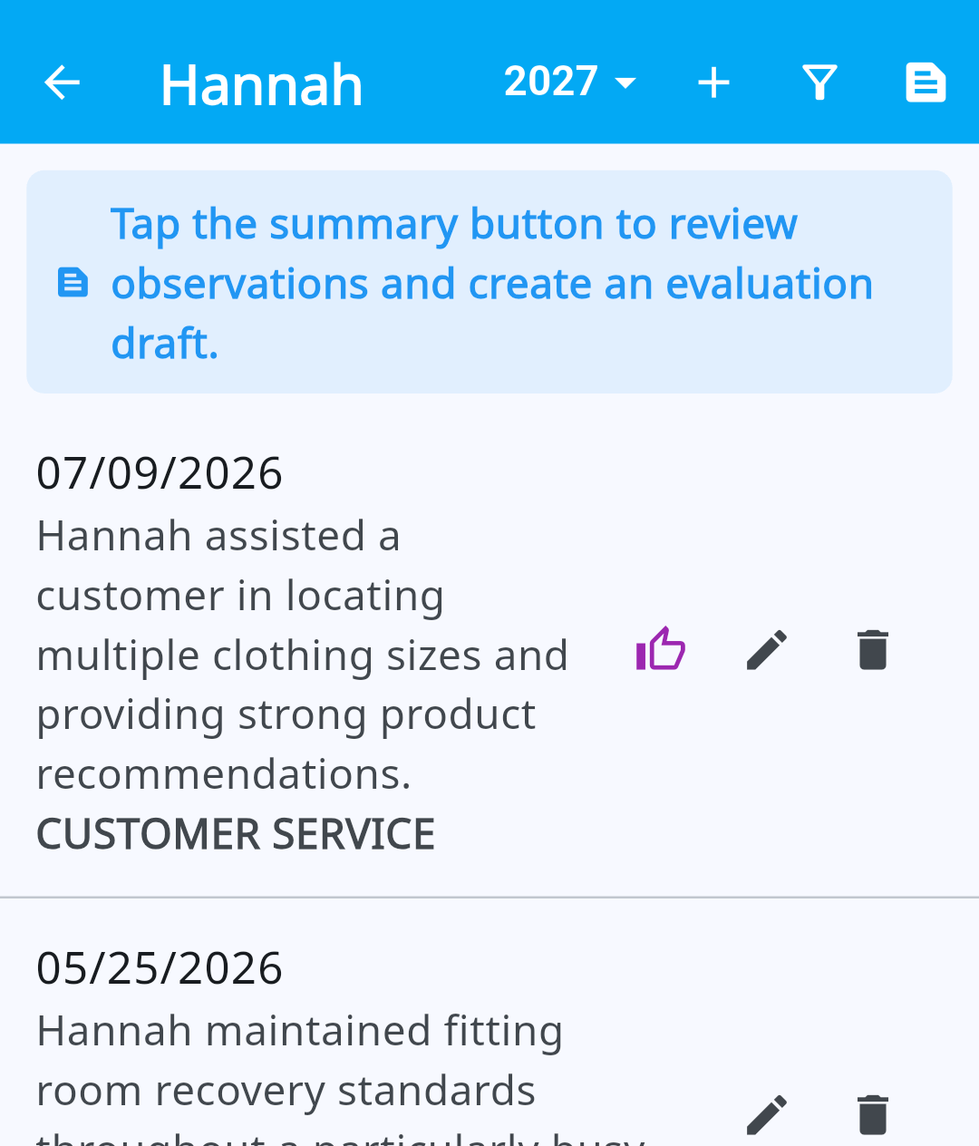 Close-up of the thumbs-up appreciation prompt in Supervisor Advantage