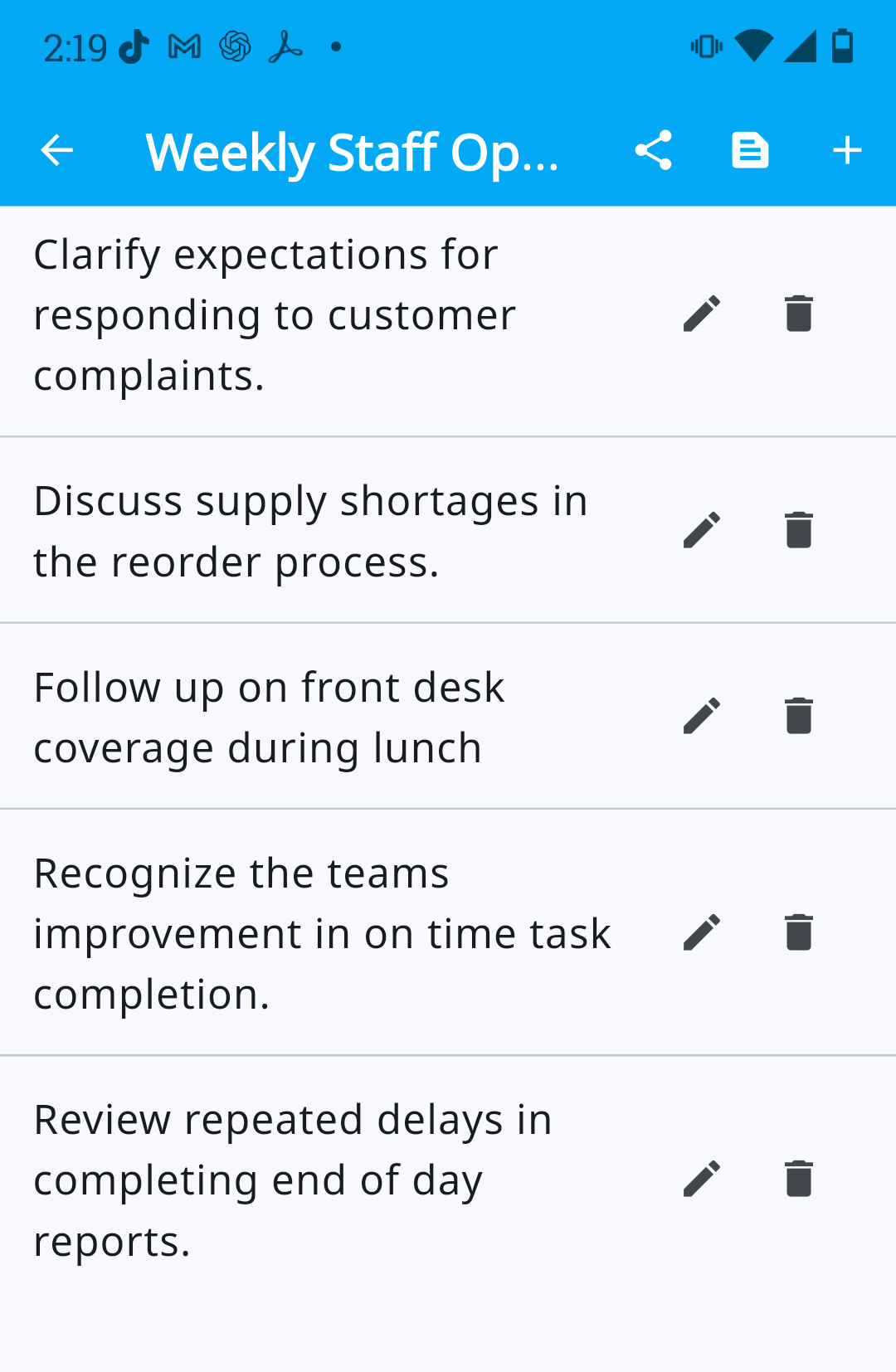 Agenda items for a weekly staff operations meeting